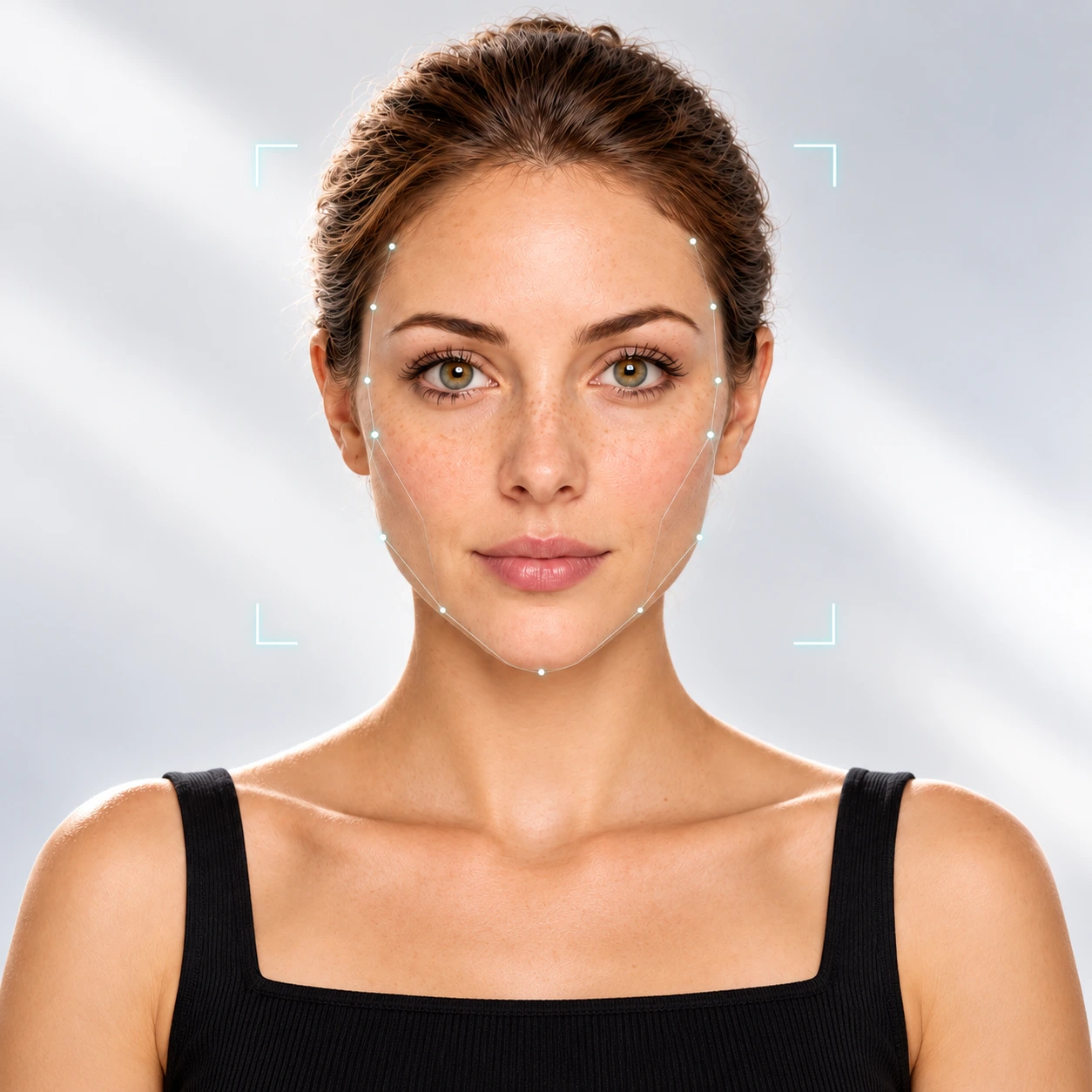 Woman’s face scanned by the AI face shape detector with facial landmark points